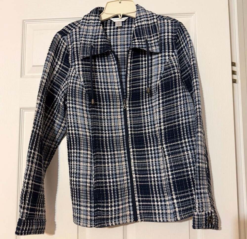Christopher & Banks Plaid Zip Jacket Size M Blue Waffle Knit